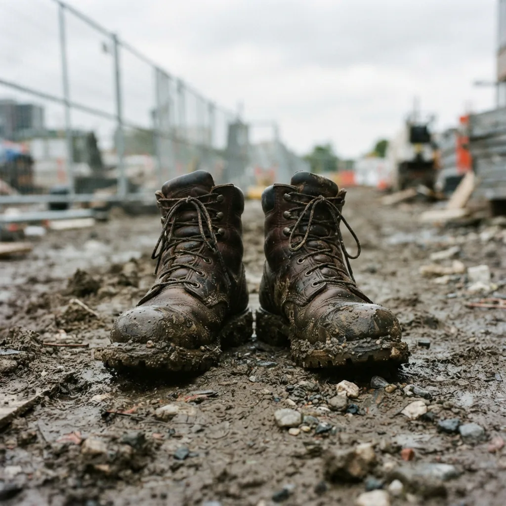 Waterproof mid-height work boots on muddy ground at an outdoor construction site