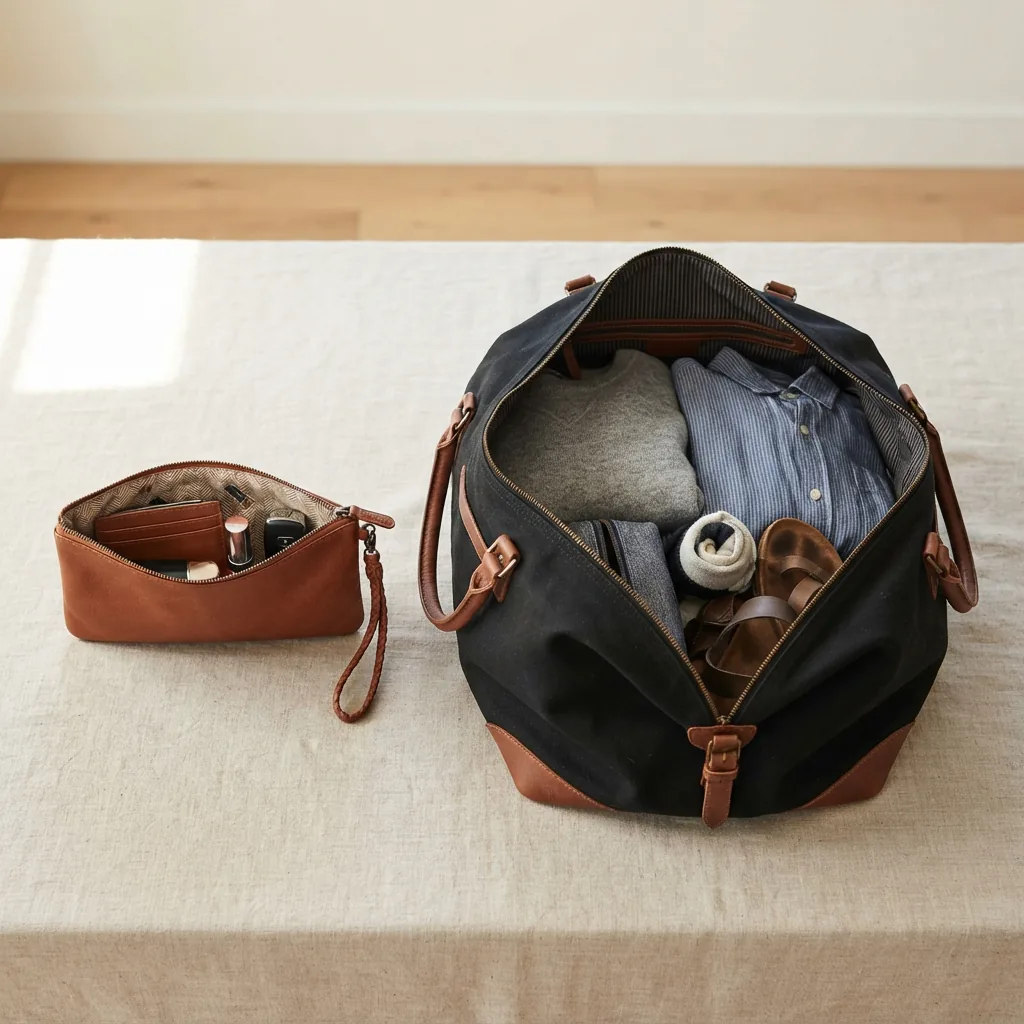 Small wristlet bag beside a large open weekender bag showing a clear difference in carry capacity