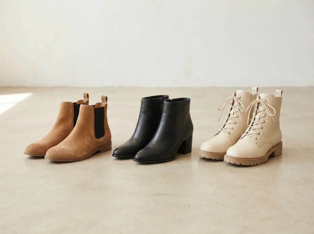 Three pairs of ankle booties showing flat, heeled and lace-up styles arranged together on a light studio surface