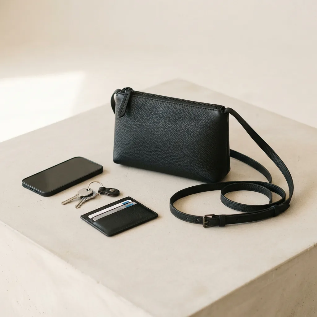 Slim crossbody bag with its strap arranged beside a phone, keys and a small card case