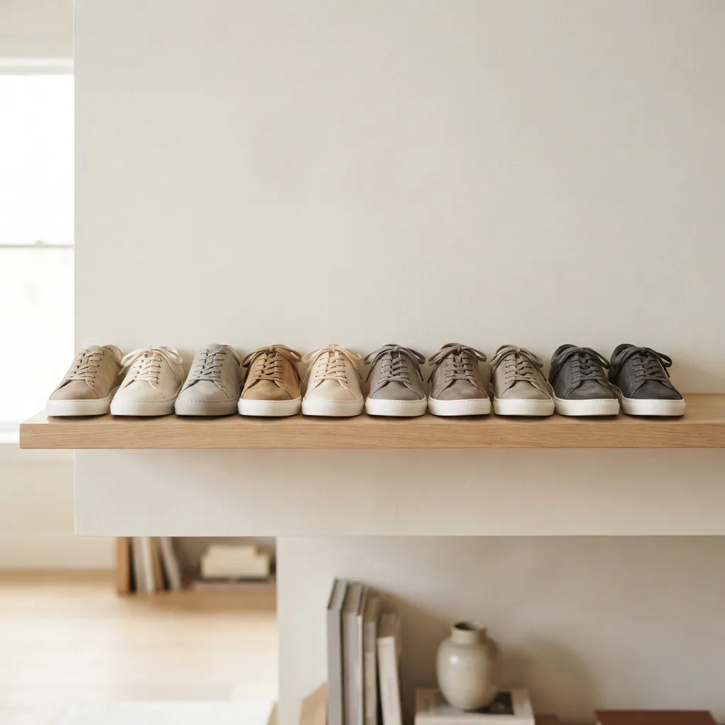 Row of unbranded men's casual sneakers lined up on a pale wood shelf