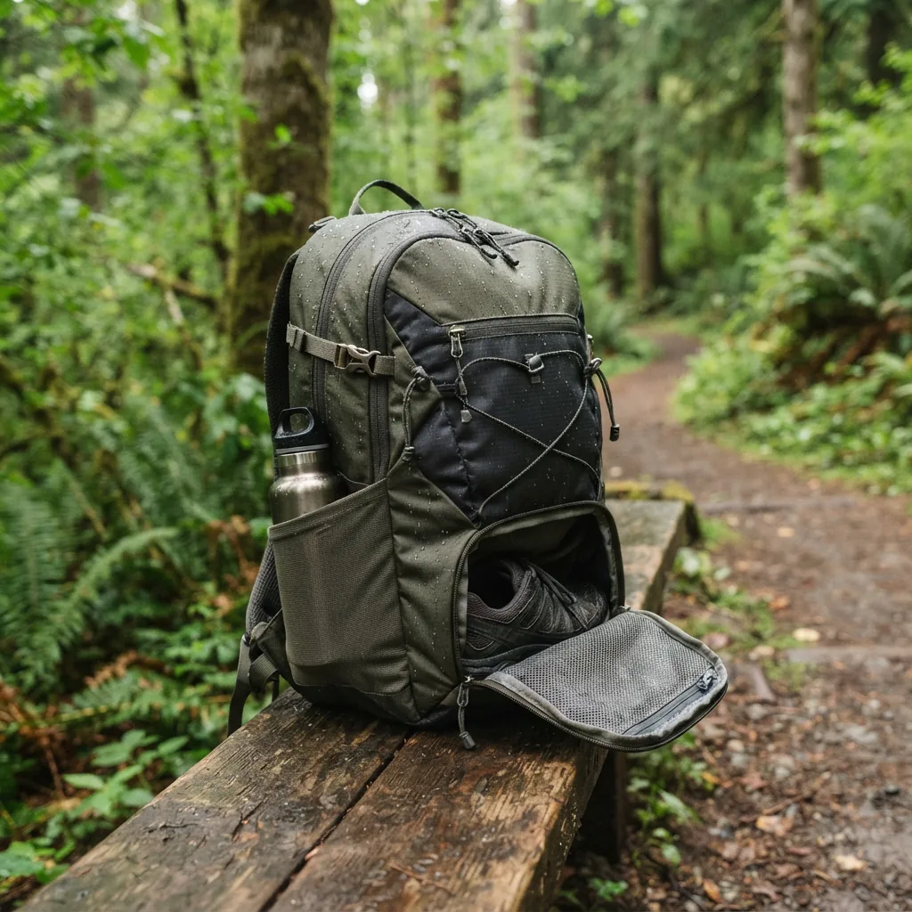 An athletic backpack with an open shoe compartment sitting on a trail-side bench