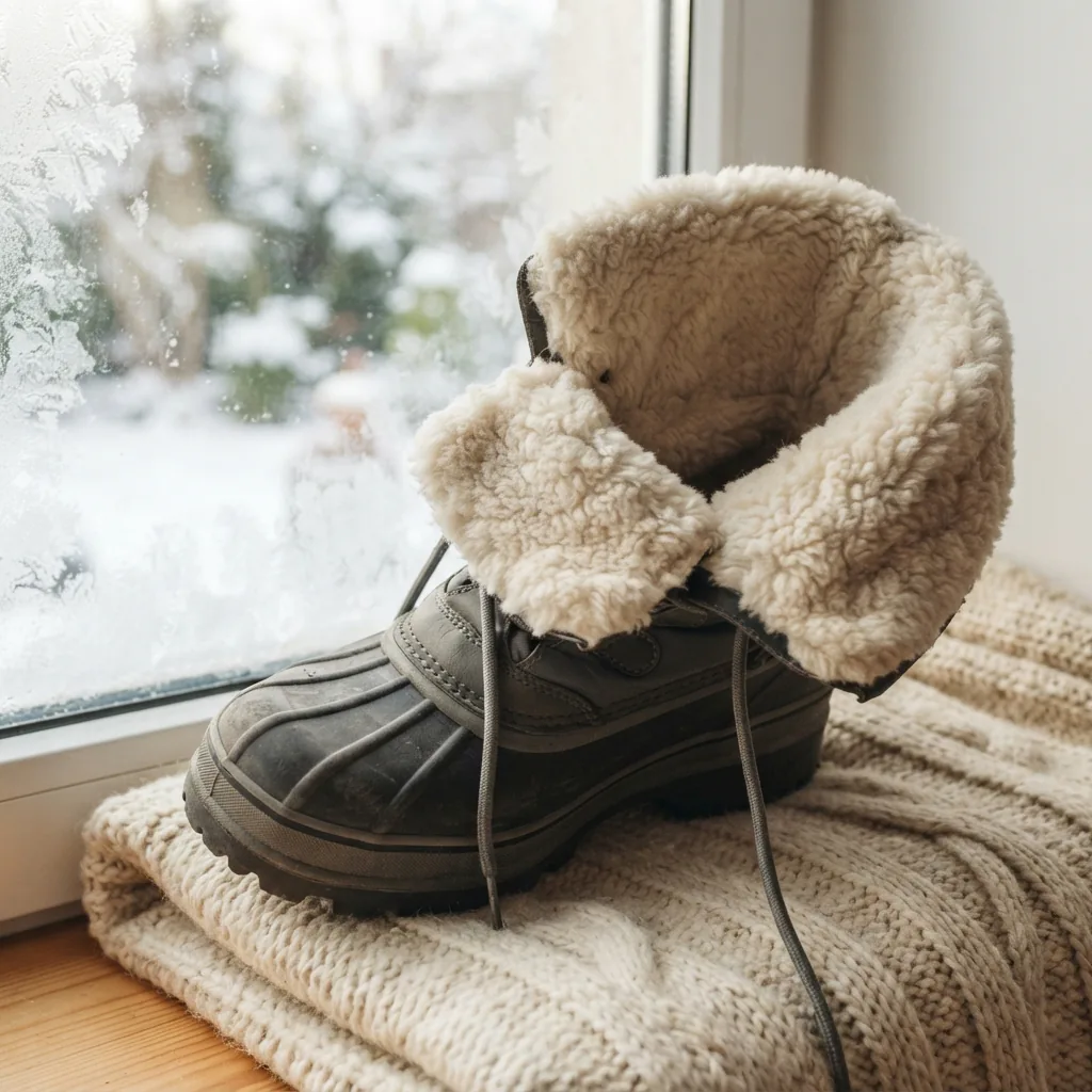 Tipped snow boot showing thick fleece lining inside