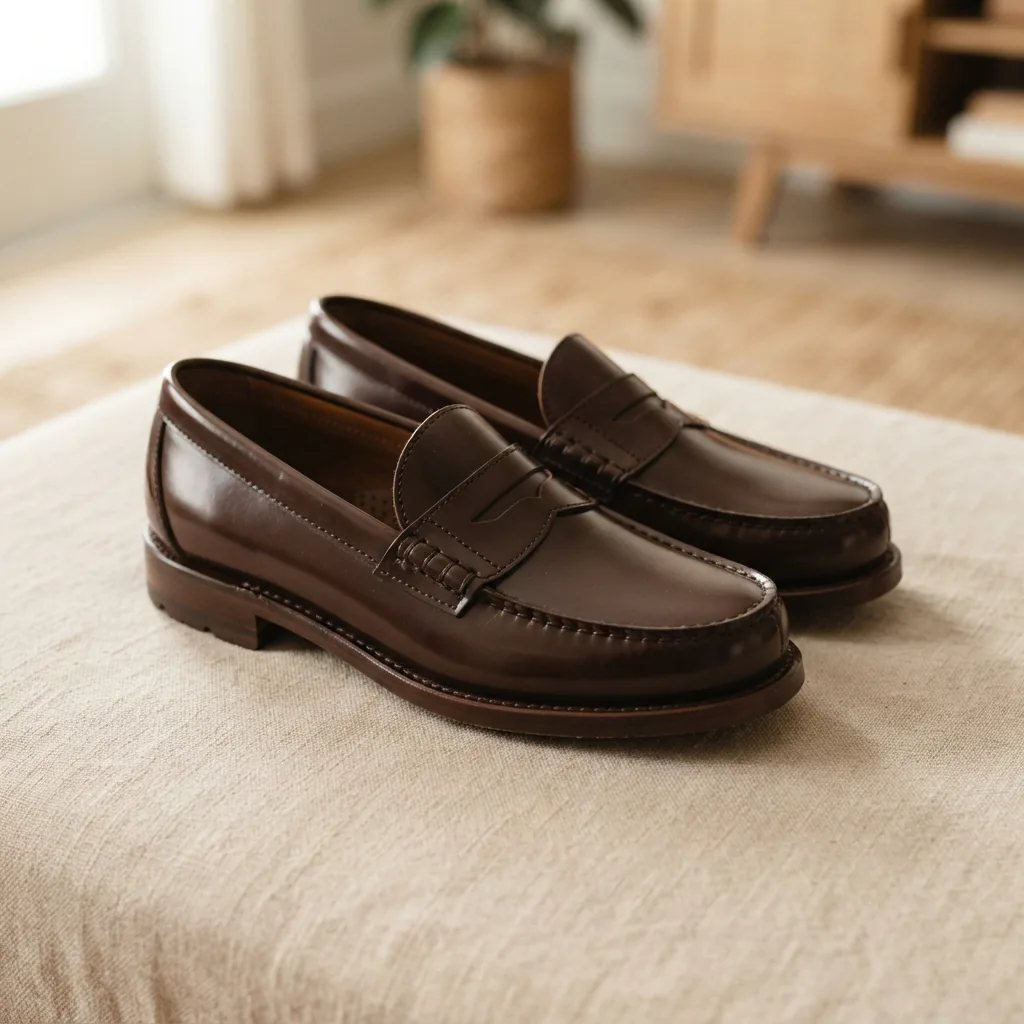 Single pair of women's penny loafers on a warm neutral surface