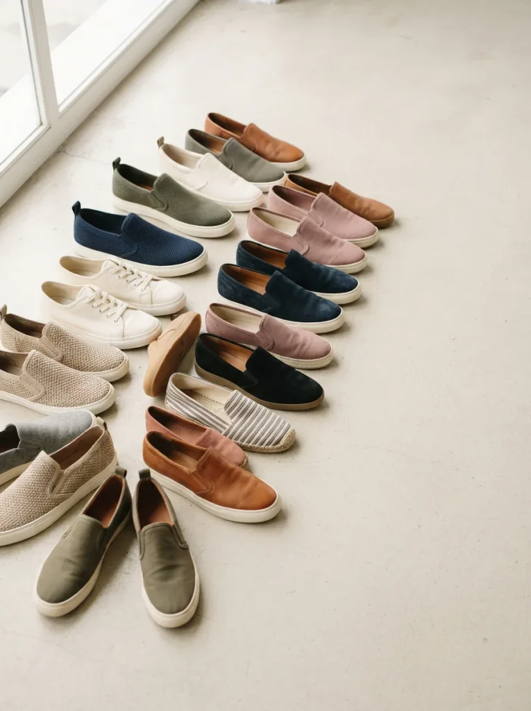 Row of slip-on shoes in knit, canvas and leather arranged on a light studio floor