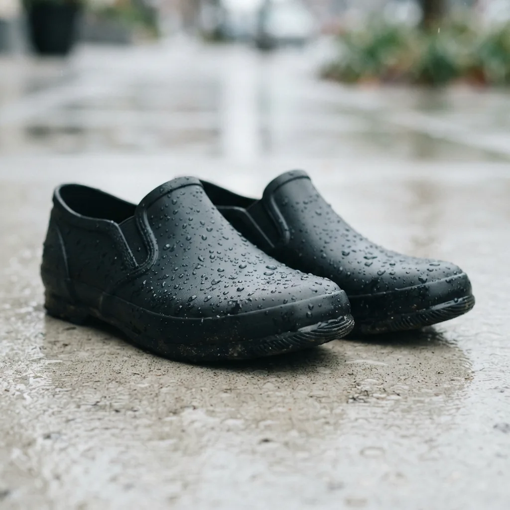 Matte black DSW water-resistant rain slip-on shoes on a wet pale surface with droplets