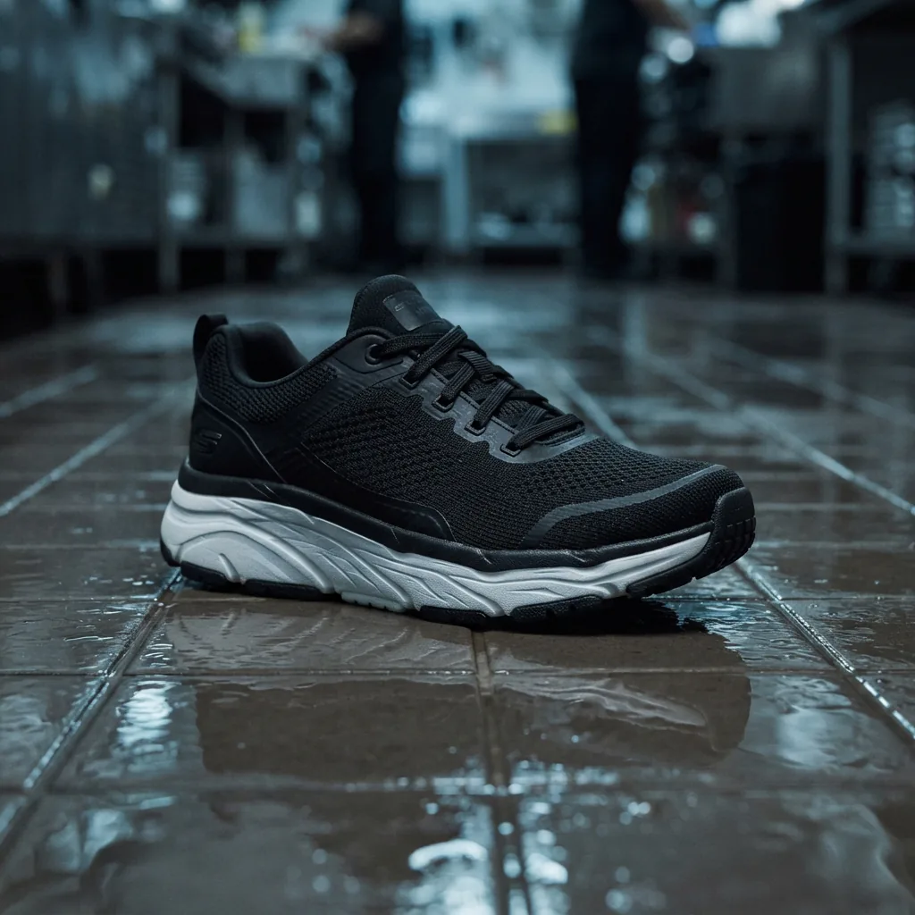 Skechers Work women's slip-resistant Max Cushioning Endeavour sneaker on a wet tile restaurant floor