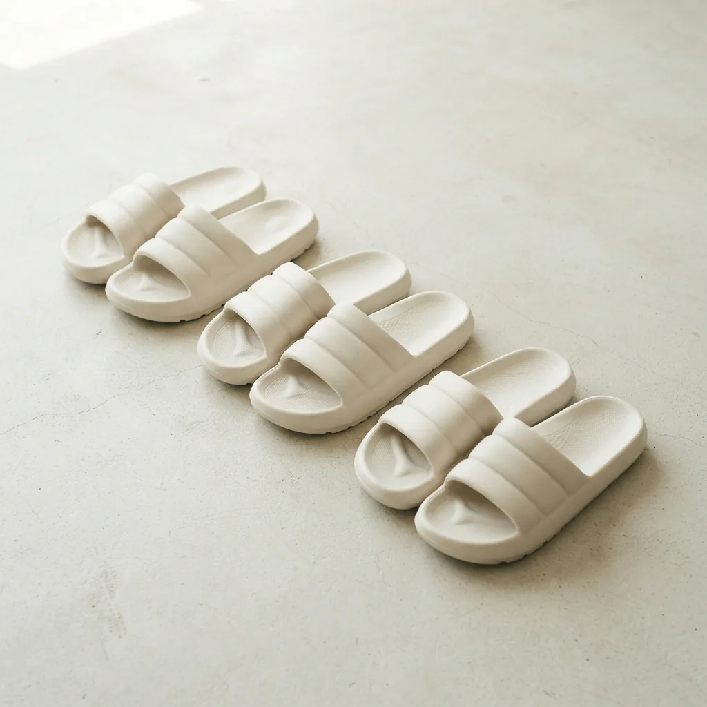 Three cushioned slide sandals with thick footbeds lined up on pale concrete