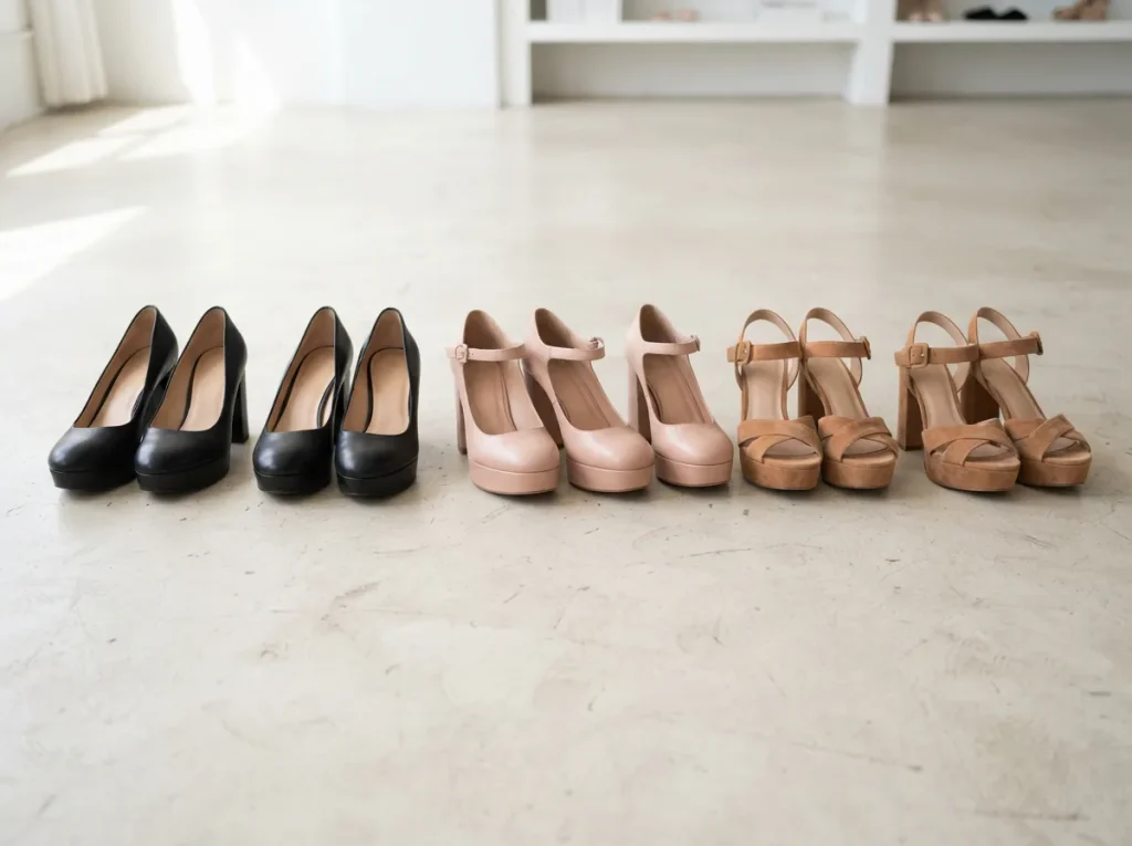 Three groups of platform shoes showing pumps, Mary Janes and platform sandals together
