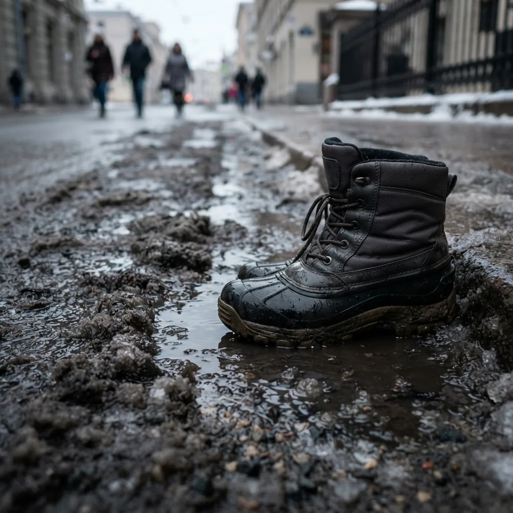 Short waterproof snow boot resting at the edge of a slushy street puddle