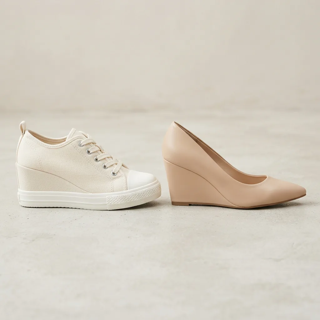 A wedge sneaker and a wedge pump placed together on a light studio background for comparison