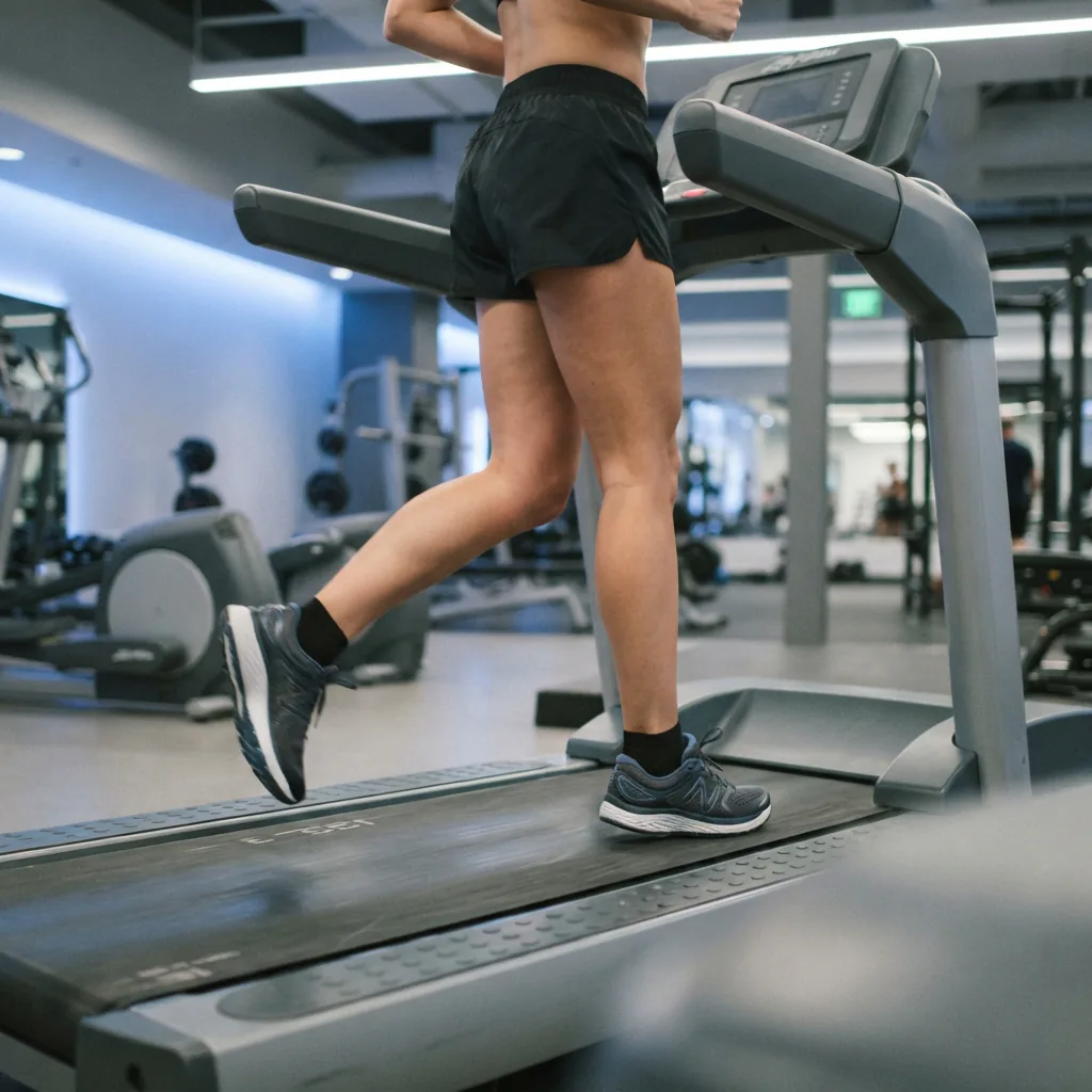 One adult runner's lower body on a treadmill wearing cushioned mesh running shoes
