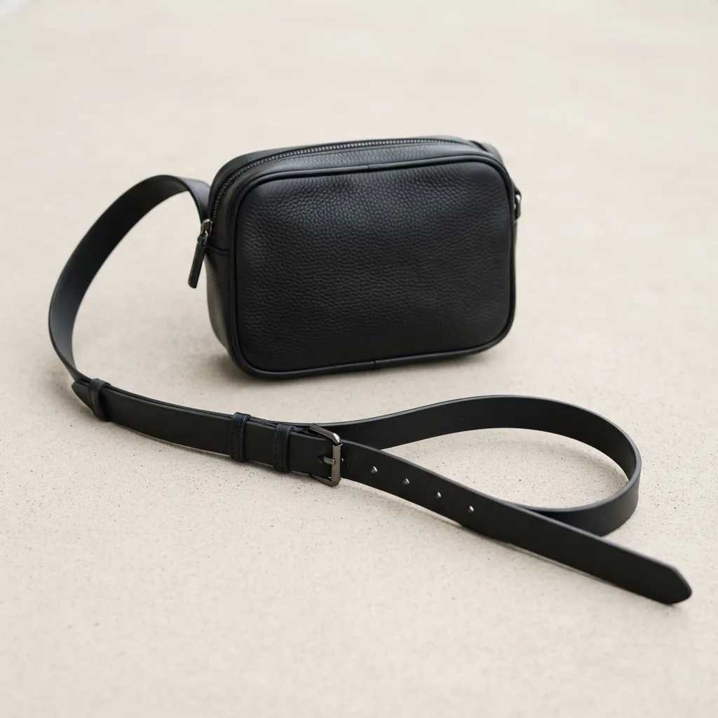 Compact crossbody bag with adjustable strap laid out on a neutral surface