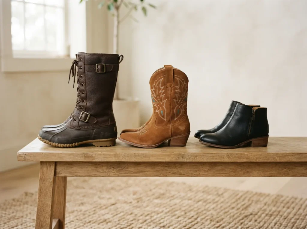 Three pairs of women's boots, a tall weather boot, a western boot, and an ankle bootie, lined up on a wooden bench