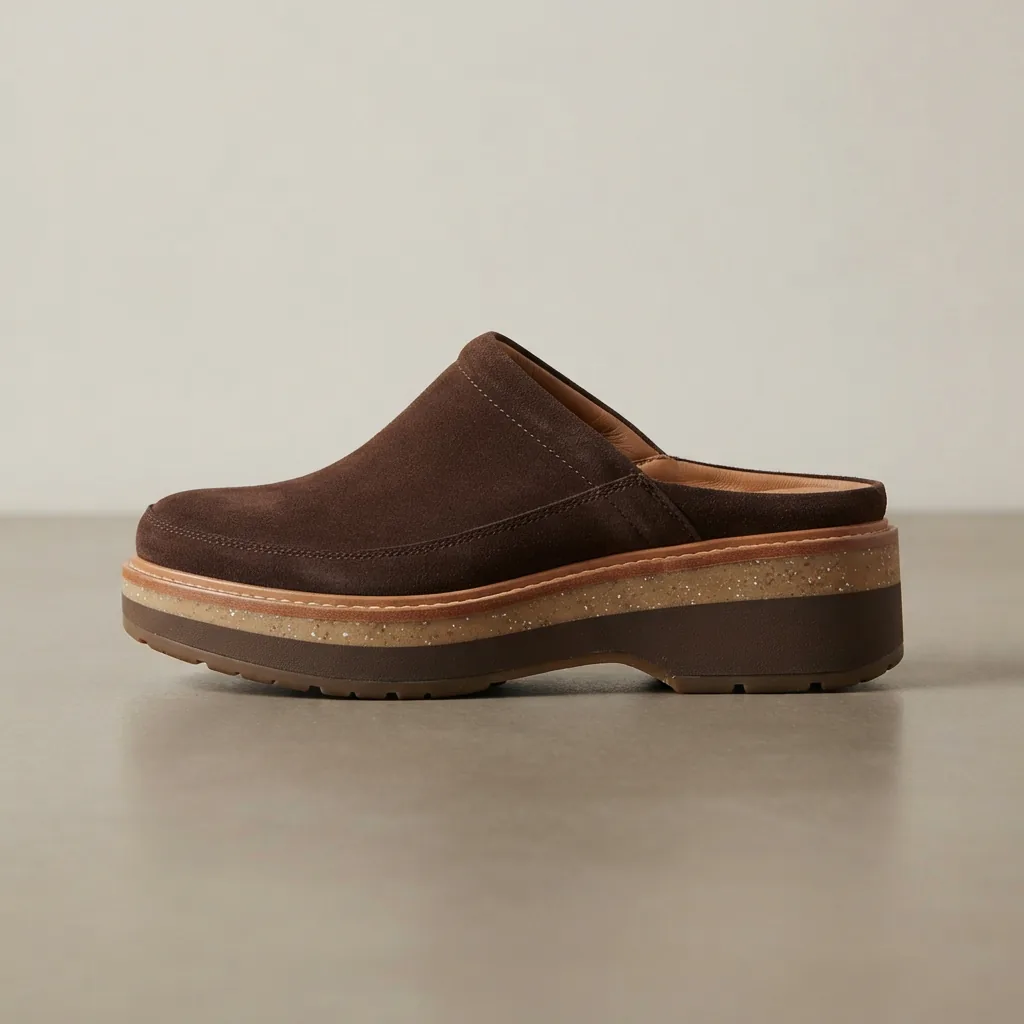 Clarks Paizlee Leah platform clog seen from the side on a studio floor