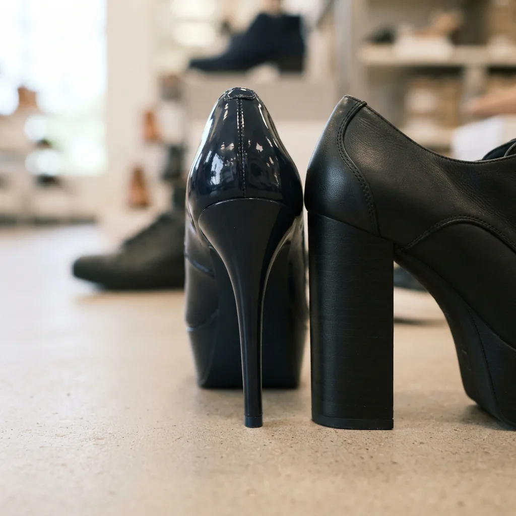 Close comparison of a chunky platform heel and a thin stiletto heel