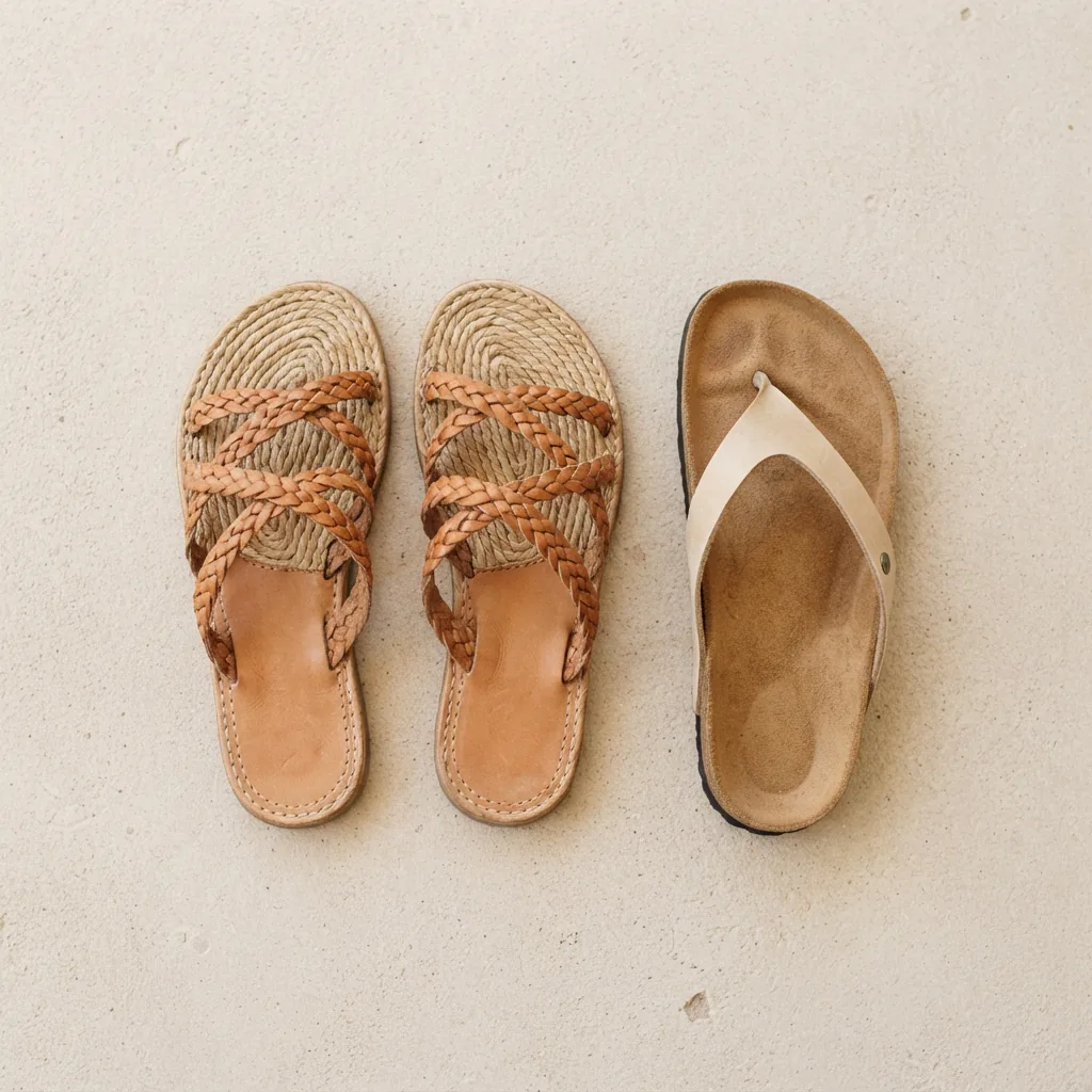 Flat braided sandal and simple cork-footbed flip flop paired on a pale plaster surface