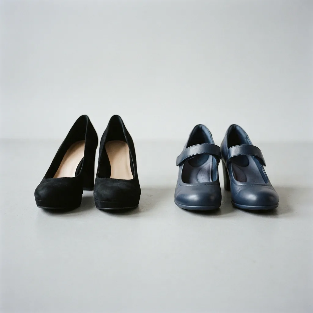 Platform heel and a cushioned comfort heel side by side on a light studio floor