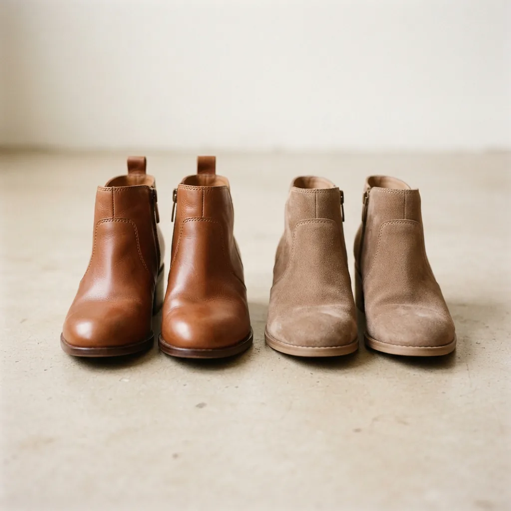 Two low women's ankle booties in leather and suede side by side on a pale studio floor