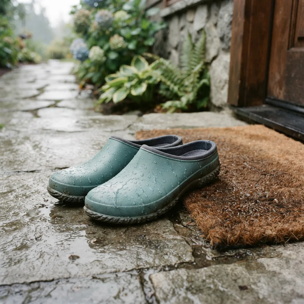 A pair of water-resistant slippers standing on damp ground beside a coir doormat
