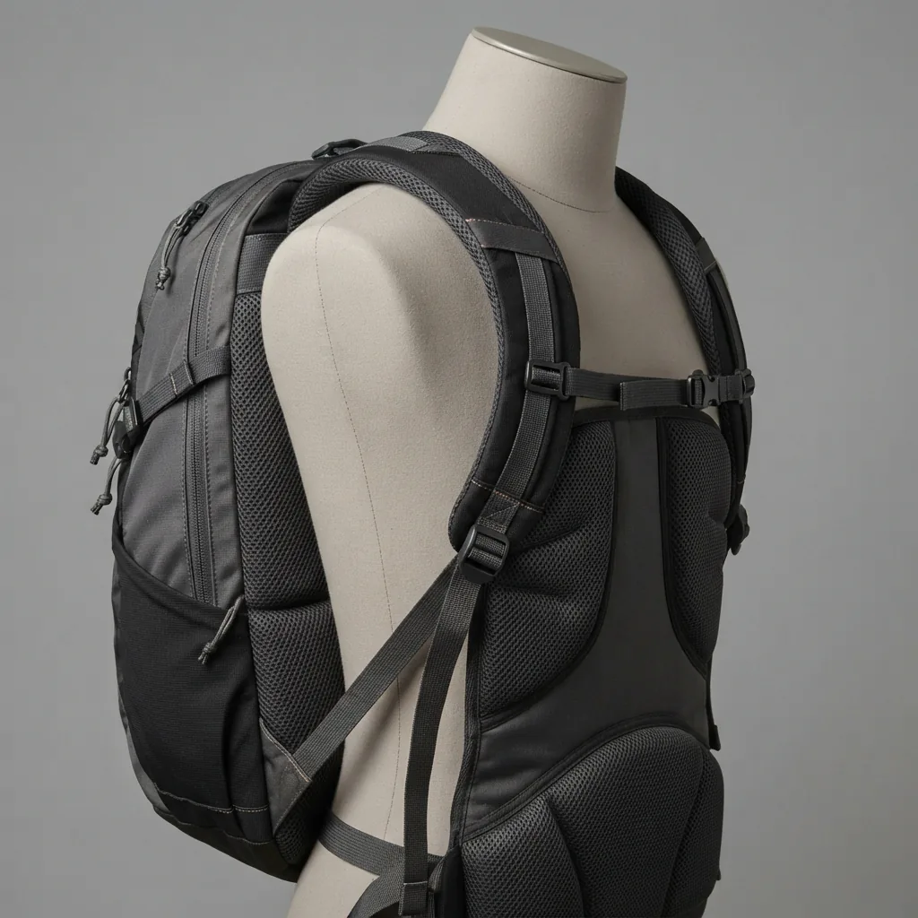 Close view of a backpack's padded shoulder straps and cushioned back panel against a plain background