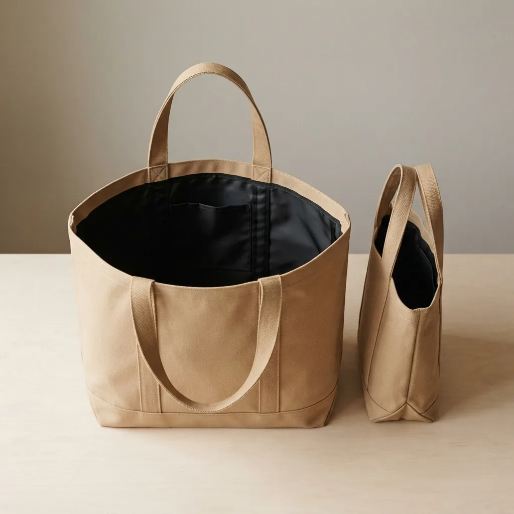 A roomy open tote with its interior visible beside a slimmer tote