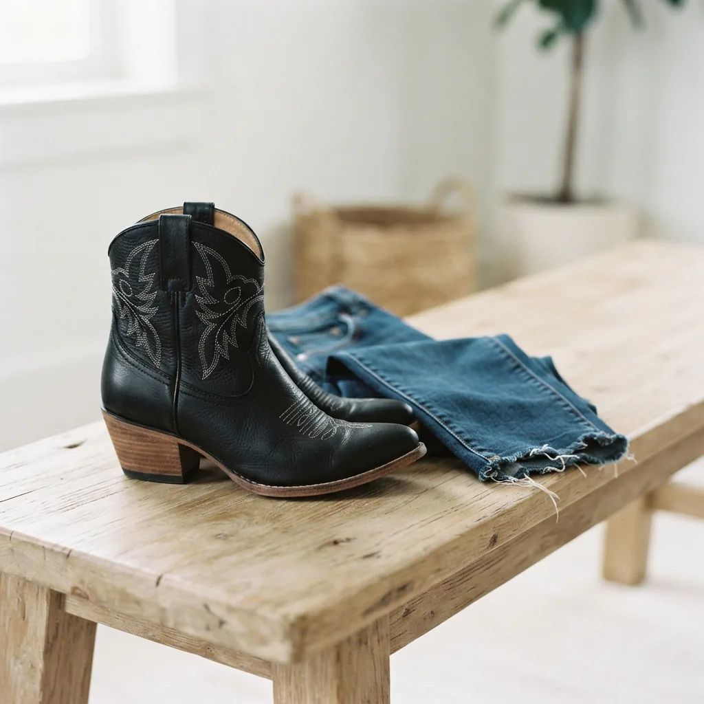 Ankle-height women's western bootie beside cropped jeans on a light bench