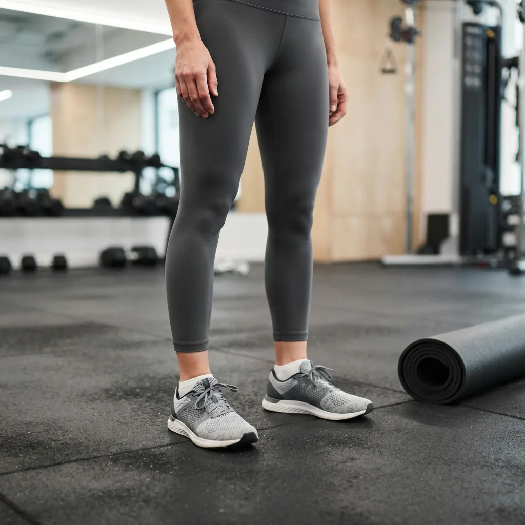 One adult in unbranded running shoes standing on a rubber gym floor beside a mat