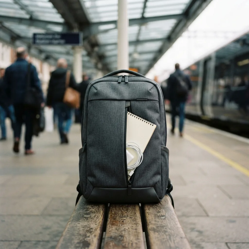 A slim commuter backpack with a padded laptop sleeve resting on a train platform bench