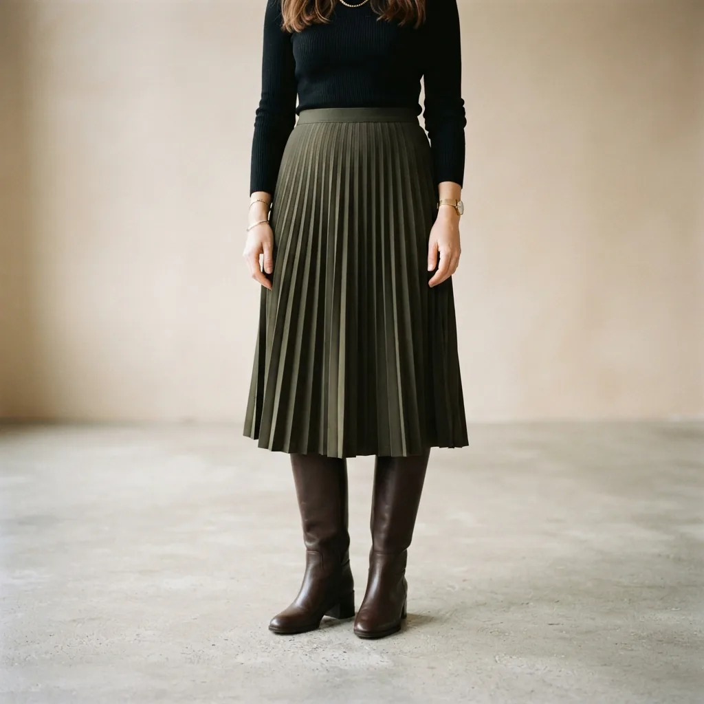 Office outfit with a midi skirt styled with unbranded knee high boots on a studio floor