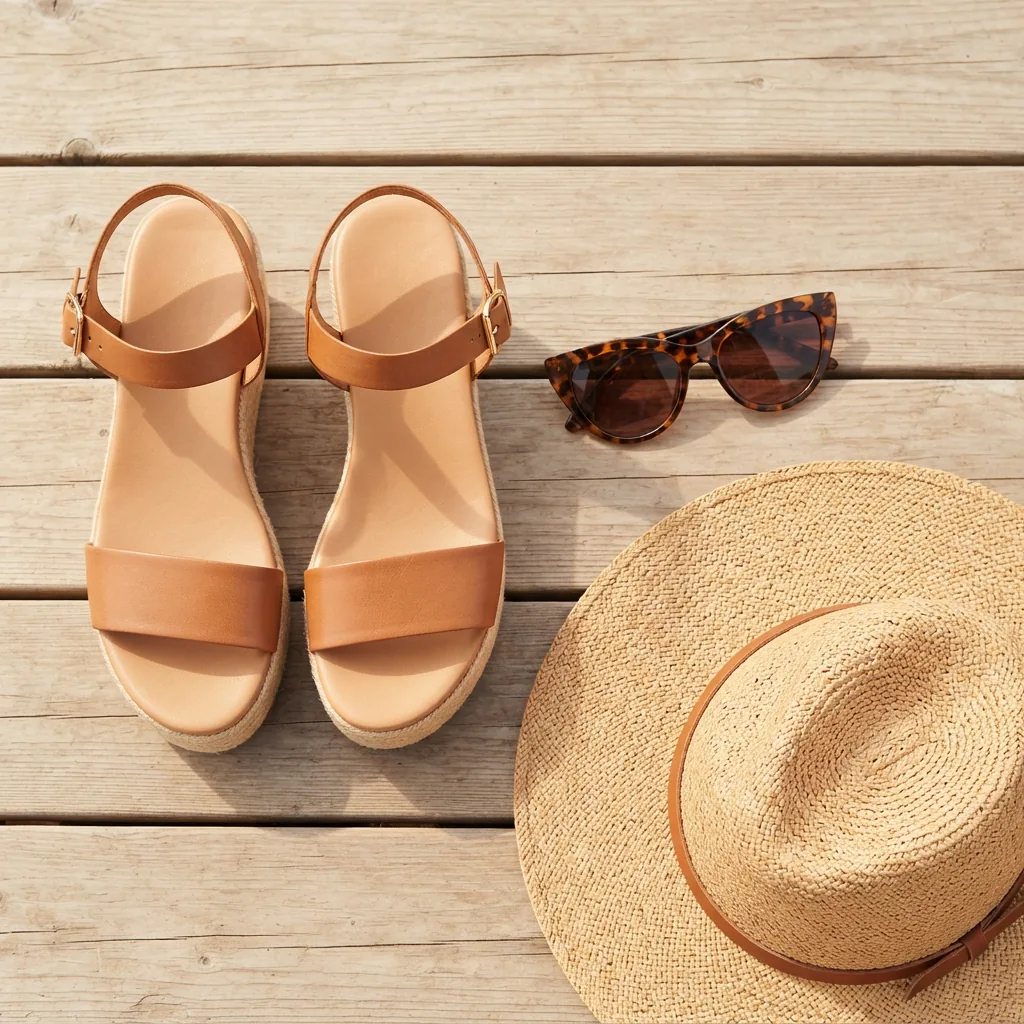 Open platform sandals next to sunglasses and a straw hat on a bright surface