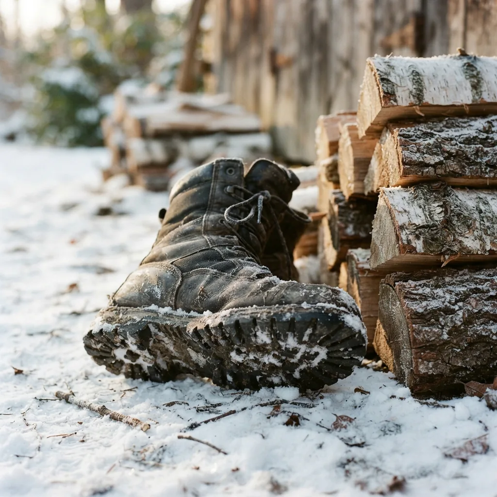 Insulated winter boot on snowy ground near a woodpile