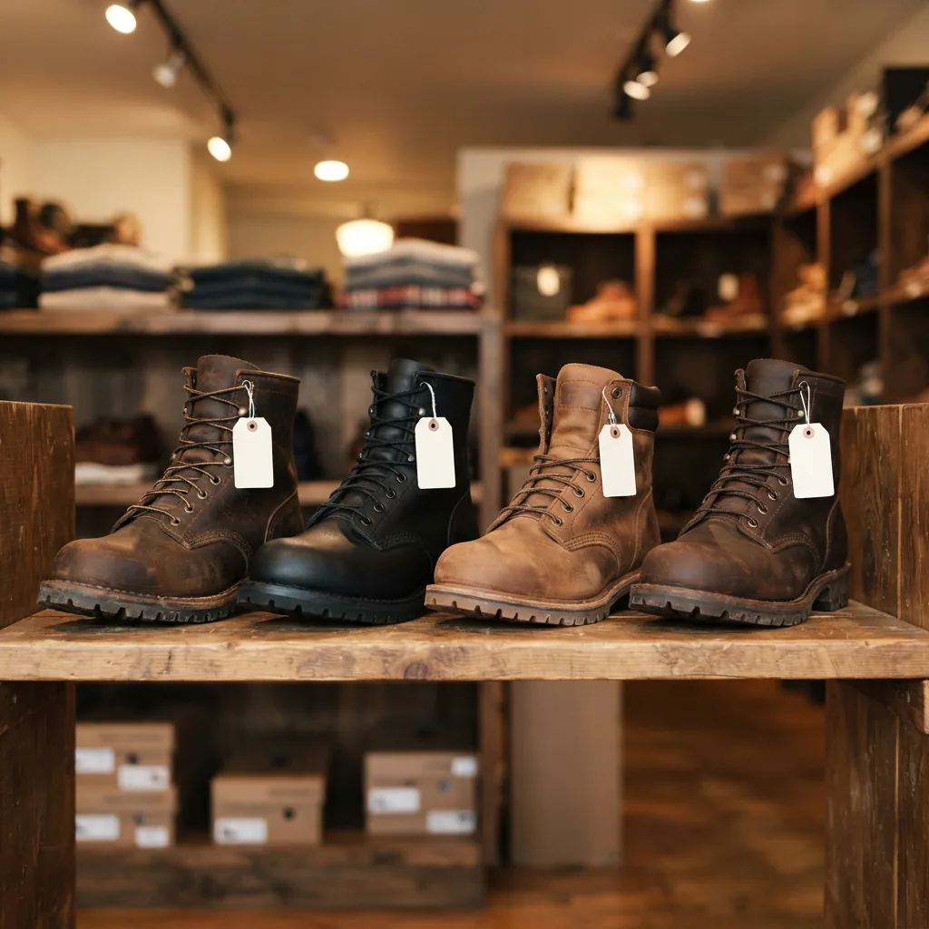 Work boots at different price points lined up on a retail shelf with price tags blurred.