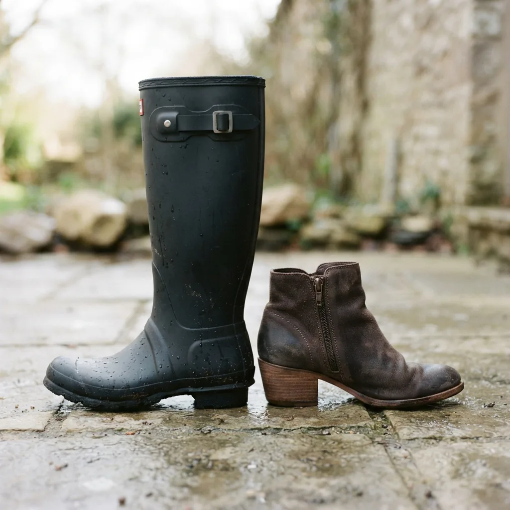 A tall rubber rain boot beside a suede ankle bootie on a light surface with water droplets