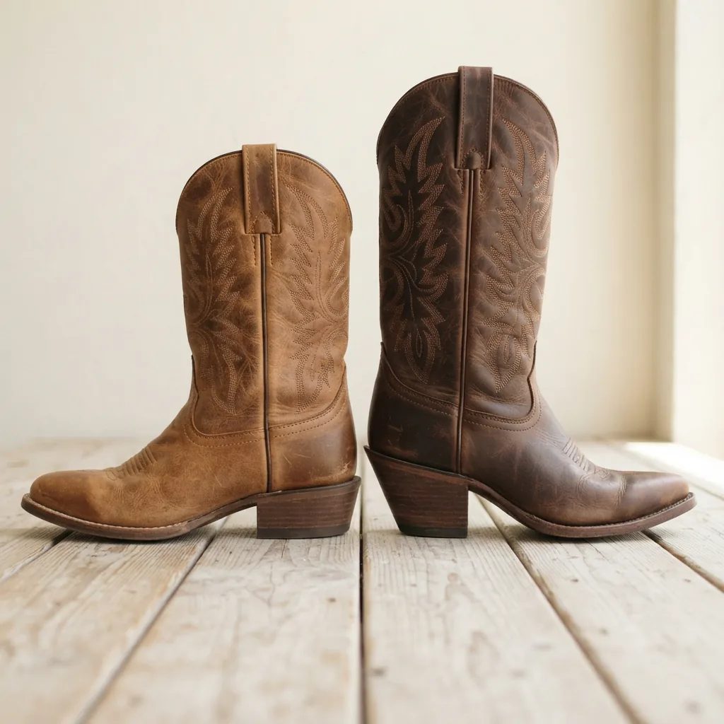 Two western boots side by side showing a low block heel and a higher stacked heel