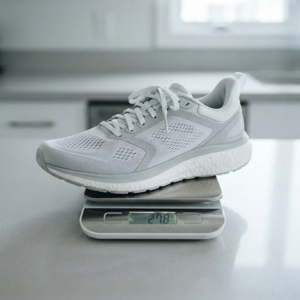 Single unbranded men's running shoe resting on a small digital scale on a plain counter