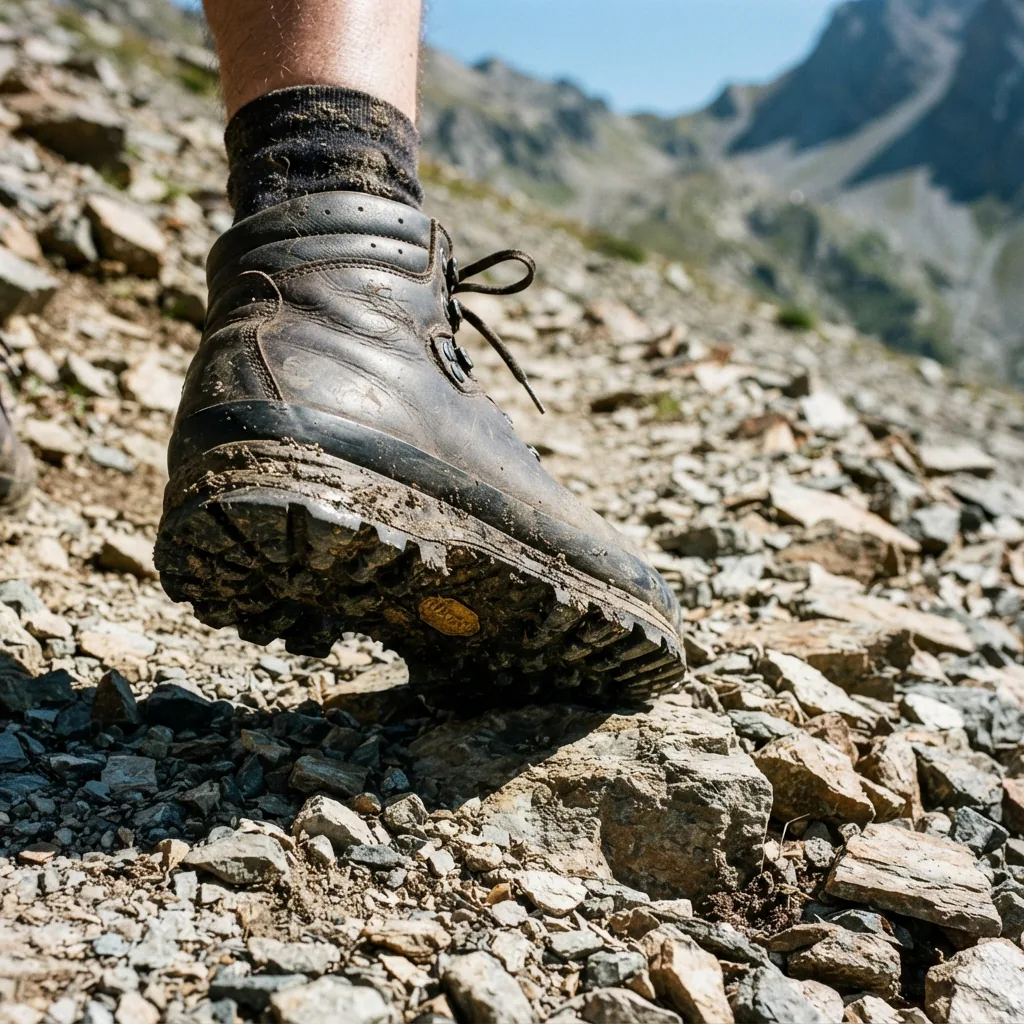 Rugged hiking boot with deep tread on loose rocky mountain scree