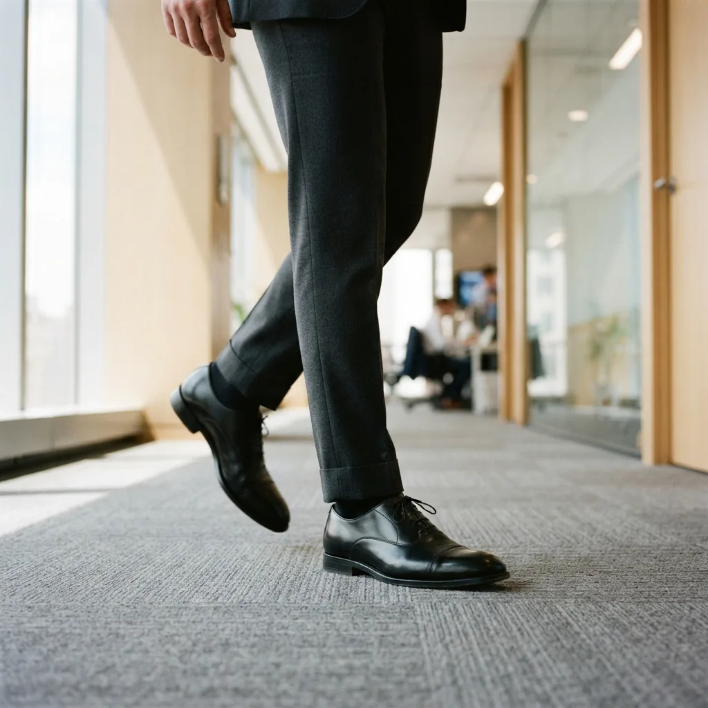 One adult man walking through a bright office corridor in dark trousers and black leather dress shoes, cropped below the knee.