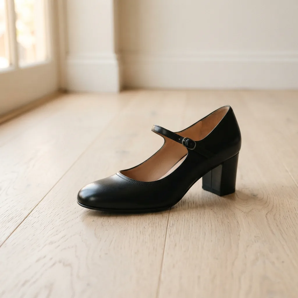 Black Mary Jane pump with an instep strap shown at an angle on a light wooden floor