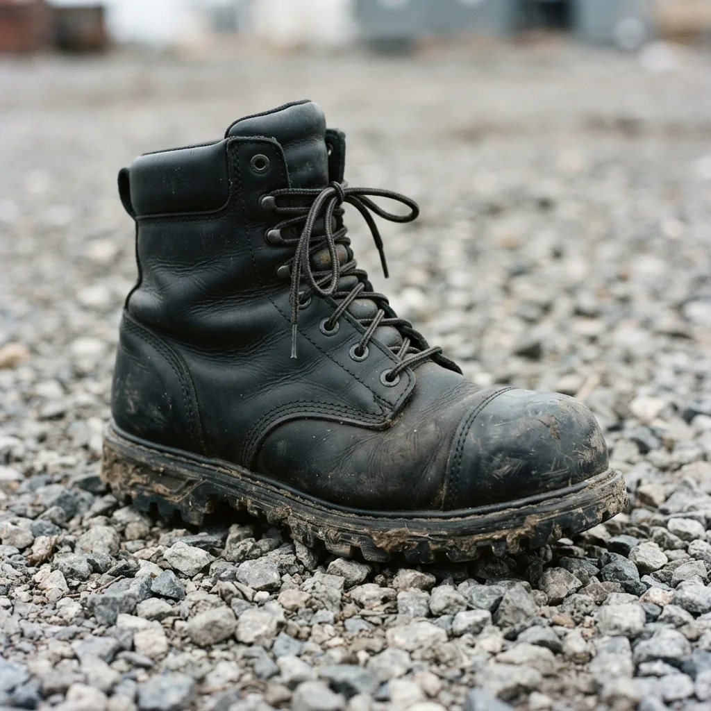 A men's Caterpillar Second Shift steel toe work boot in black leather on gravel.