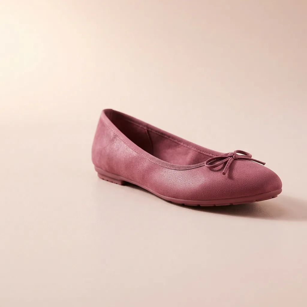 A berry-toned Kelly and Katie Meesha ballet flat on a pale blush studio background