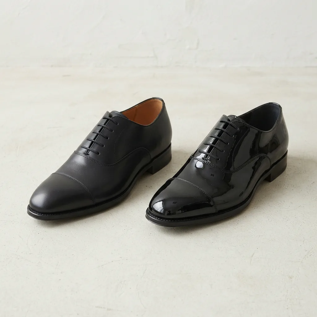 Side-by-side smooth leather and patent dress shoes on a light surface