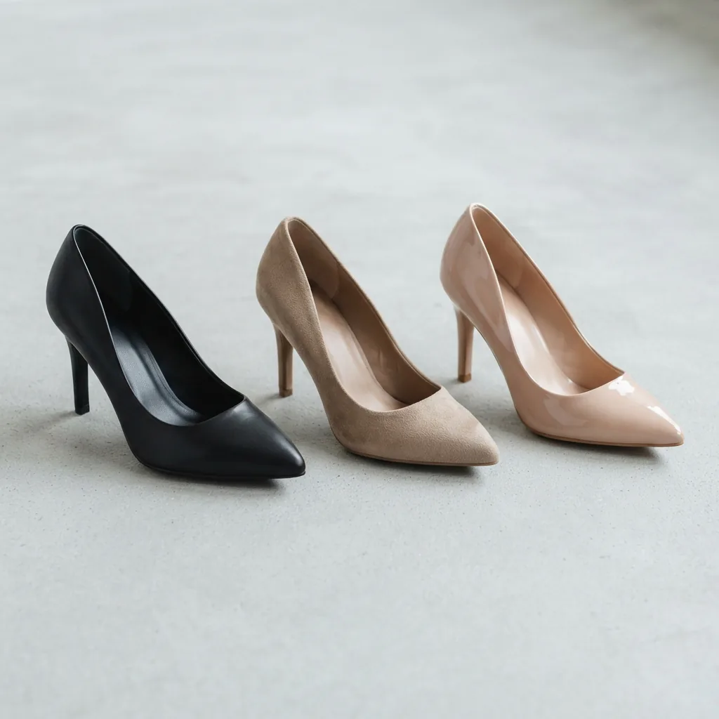 Three high heels in matte, suede-like and glossy finishes lined up on a pale surface