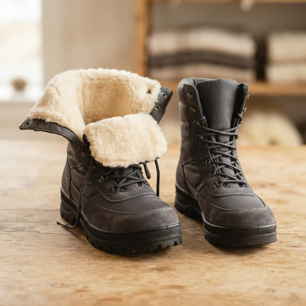 Cutaway winter boot showing thick fleece insulation next to a lighter lined boot