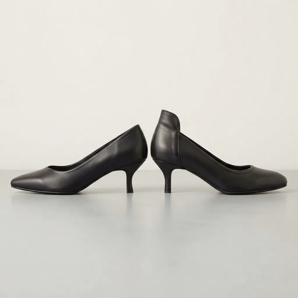 A slip-on kitten heel and a structured kitten heel shown side by side on a pale surface