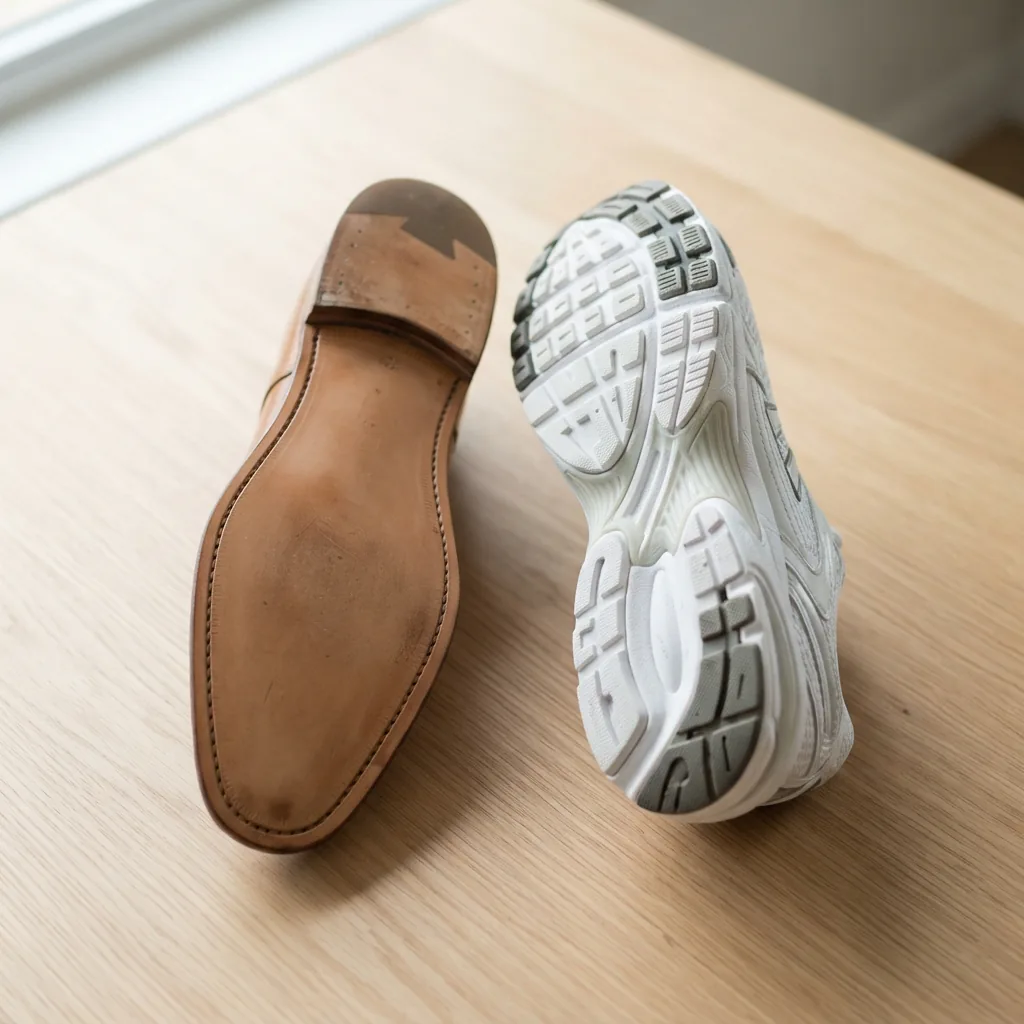 Two shoe soles, one smooth flat sole and one cushioned sneaker sole, displayed together