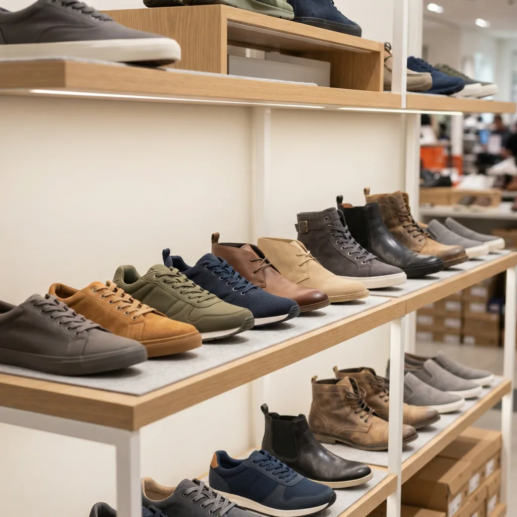 Row of assorted unbranded men's shoes displayed across a bright retail shelf