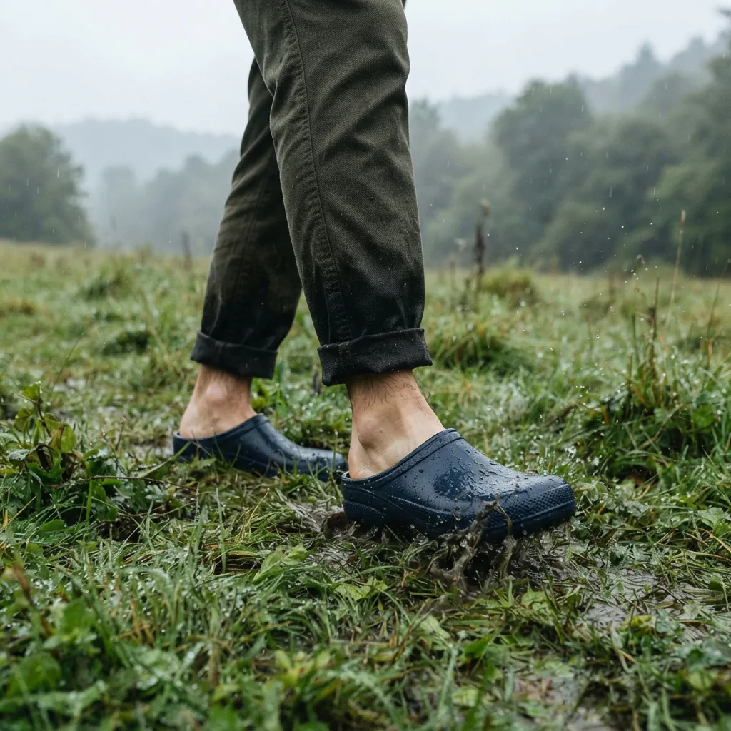 Adult walking across wet grass in water-ready clogs on an overcast day