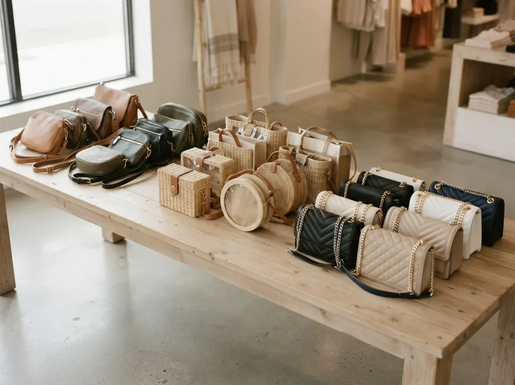 Crossbody bags grouped into three clusters on a long light wood table showing everyday, event and dressy styles.