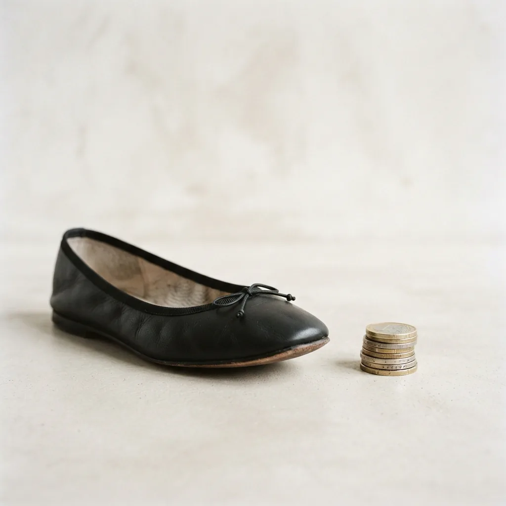 A single ballet flat placed next to a small stack of coins on a pale surface